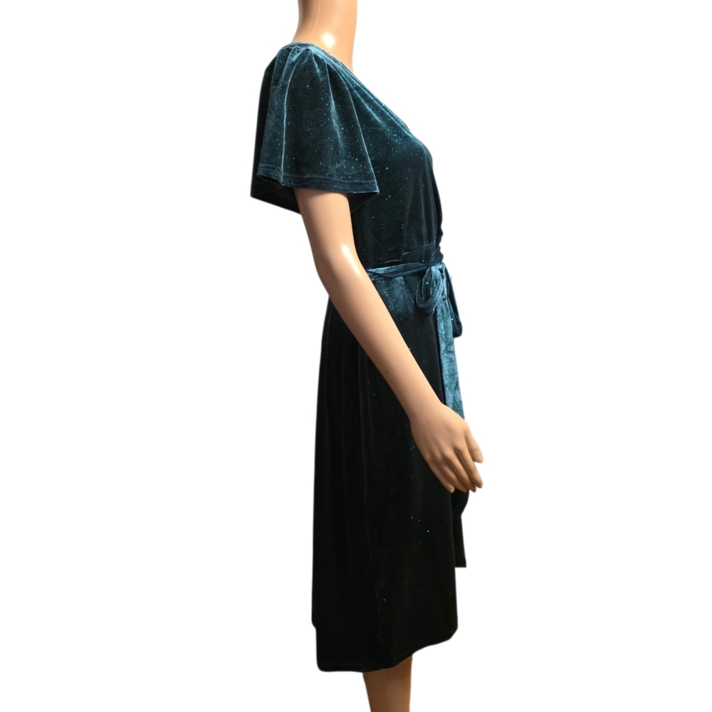 Badgley Mischka Elegant Sparkling Emeral Green Velvet Wrap Dress Size PM - Picture 5 of 16